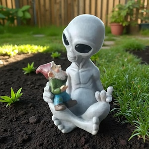 Alien Holding Gnome Garden Statue | Resin Alien Figurine with Gnome | Sci Fi Outdoor Yard Sculpture | Whimsical Garden Ornament