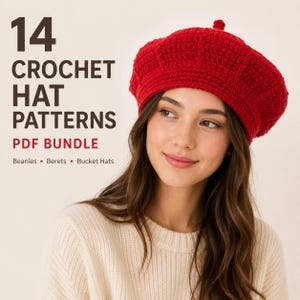 Pacchetto PDF con 14 modelli di cappelli all'uncinetto: berretti, baschi, cappelli a secchiello e cappelli con paraorecchie.