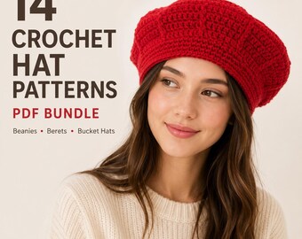 14 Crochet Hat Patterns PDF Bundle – Beanies, Berets, Bucket & Ear-Flap Hats