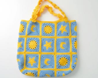 Crochet Sun Moon Star Tote Bag PDF Pattern: Celestial Granny Square Design (Digital Download)