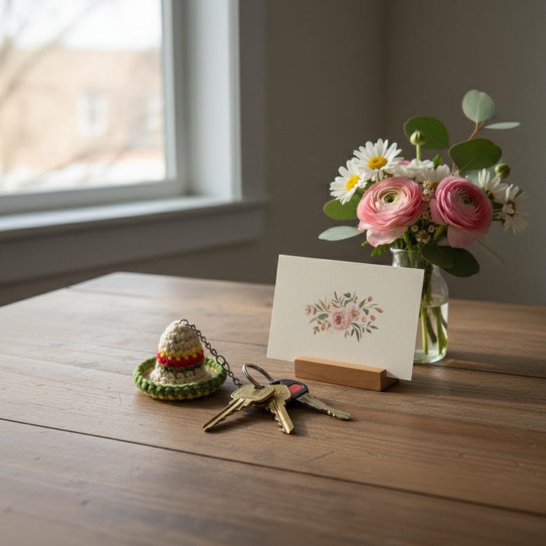 May include: A wooden table displays a small bouquet of pink and white flowers in a glass vase, a greeting card with a floral design, and a crochet sombrero keychain next to a set of keys.