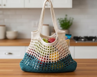 Crochet Market Bag Pattern, Color Block Mesh Tote (PDF Pattern)