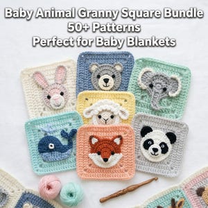 Könnte beinhalten: Eine Sammlung farbenfroher, gehäkelter Granny Squares mit Baby-Tier-Designs, darunter ein Hase, ein Bär, ein Elefant, ein Wal, ein Fuchs und ein Panda. Die Quadrate sind in verschiedenen Pastellfarben gehalten und eignen sich ideal für Babydecken. Der Text lautet "Baby Animal Granny Square Bundle 50+ Patterns".