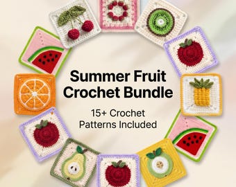Summer Fruit Crochet Patterns Bundle, Watermelon Strawberry Lemon Granny Squares, PDF Crochet Motifs, Instant Download