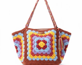 Crochet Granny Square Tote Bag PDF Pattern: Boho Hippie Shoulder Bag (Digital Download