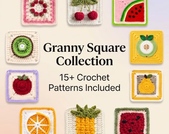 Granny Square Crochet Pattern Bundle, Fruit Motif Collection PDF, Apple Cherry Lemon Watermelon Strawberry Crochet Squares