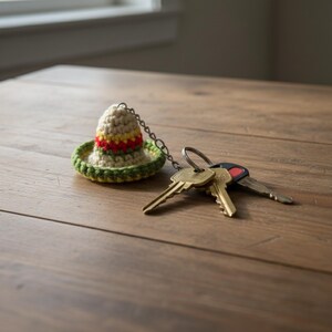 May include: A crocheted sombrero keychain in beige, yellow, red, and green sits next to a set of keys on a wooden surface. The miniature hat is detailed with a colorful brim and crown, attached to a chain and keyring.