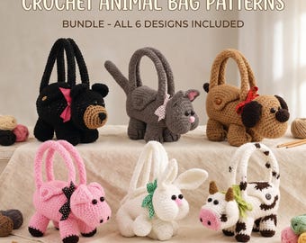 Crochet Animal Purse Patterns PDF, Cute Critter Kids Bag Bundle, Bunny Cow Pig Puppy Cat Bear Crochet Bags, Instant Download