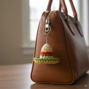 May include: A crocheted sombrero keychain in cream, green, yellow, and red hangs from a brown leather handbag. The miniature hat features a wide brim and colorful stripes. The bag has a silver zipper and a brown handle.