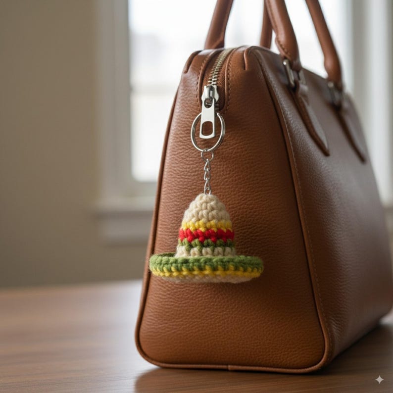 May include: A crocheted sombrero keychain in cream, green, yellow, and red hangs from a brown leather handbag. The miniature hat features a wide brim and colorful stripes. The bag has a silver zipper and a brown handle.