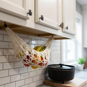 Può includere: Un'amaca per frutta all'uncinetto color crema sospesa a un pensile della cucina. L'amaca è piena di vari frutti, tra cui banane, mele e arance. La cucina presenta mobili bianchi, un paraschizzi in piastrelle bianche e una pentola nera.