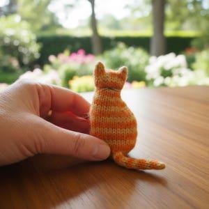 May include: A small, knitted cat figurine in shades of orange and tan, viewed from the back. The cat is striped and has pointed ears and a curled tail. The figurine is held in a person's hand, with a blurred outdoor background.