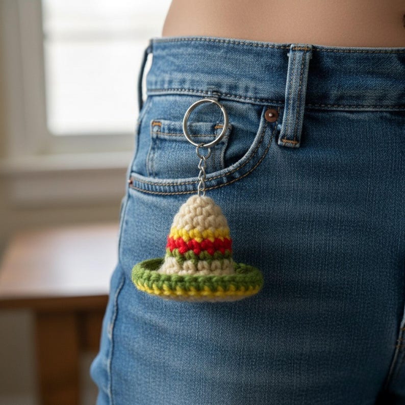 May include: A crocheted sombrero keychain with a silver keyring. The hat features a beige crown, a yellow and red stripe, and a green brim. The keychain is attached to a blue jean pocket.
