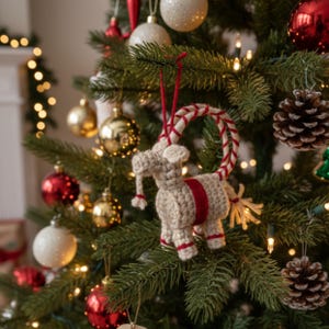 Peut inclure: Ornement de Noël en crochet en forme d'éléphant beige avec une bande rouge. Il est suspendu par un cordon torsadé rouge et blanc. L'éléphant est accroché à un sapin de Noël décoré avec d'autres boules.
