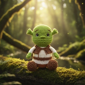 May include: A green crochet doll with large ears, wearing a brown vest and a striped shirt. The doll is sitting on a moss-covered log in a forest setting, with sunlight filtering through the trees.