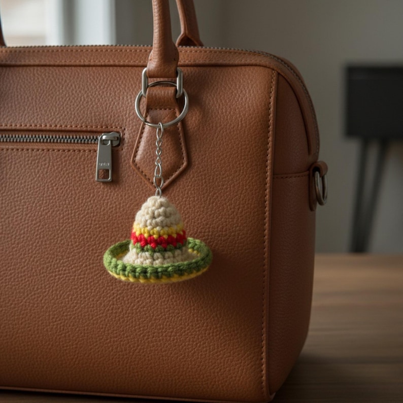 May include: A crocheted sombrero keychain in beige, green, yellow, and red hangs from a brown leather handbag. The miniature hat features a wide brim and colorful stripes, adding a touch of whimsy to the accessory.