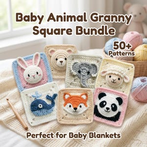 Könnte beinhalten: Handgefertigte Häkelquadrate mit Tiergesichtern, darunter Hase, Bär, Elefant, Schaf, Wal, Fuchs und Panda. Der Text "Baby Animal Granny Square Bundle" und "50+ Patterns" ist ebenfalls abgebildet.