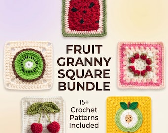 17 Fruit Granny Square Crochet Patterns Bundle PDF, Strawberry Watermelon Lemon Apple Cherry Kiwi Pineapple Pear Granny Squares