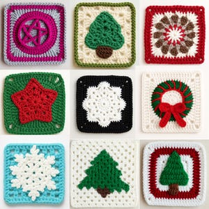 Può includere: Una collezione di nove quadrati all'uncinetto, ognuno con un design unico. I quadrati presentano vari motivi, tra cui un pentagramma, un albero di Natale, una stella, un fiocco di neve e una ghirlanda, in colori come rosso, verde, bianco e blu. Misurano circa 10 cm x 10 cm.