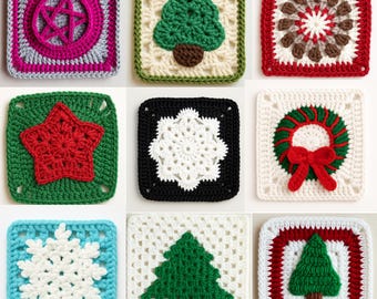 クリスマスかぎ針編みパターン10選 PDF - ホリデーグランマスクエアコレクション - お祝いツリー、スターリース、スノーフレークアップリケ