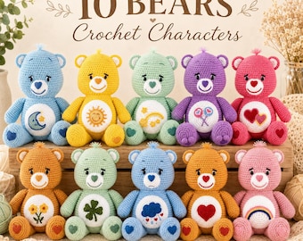 10 Teddy Bear Crochet Pattern Bundle PDF, Amigurumi Bear Characters, Colorful Plush Toy Tutorial, Instant Digital Download