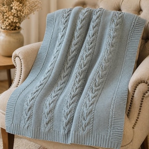 May include: A light blue knitted throw blanket featuring vertical cable knit patterns alternating with smooth stockinette stitch sections. The blanket has a wide ribbed border along the edges, providing a textured and uniform appearance.