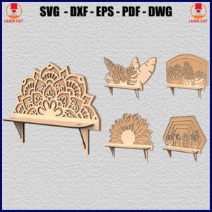 Mandala Wall Shelf Svg Laser Cut Bundle, Wood Shelf Svg, Flower Shelf SVG, Monstera Leaf Shelf Laser Cut, Floral Wall Bookshelf Home Decor