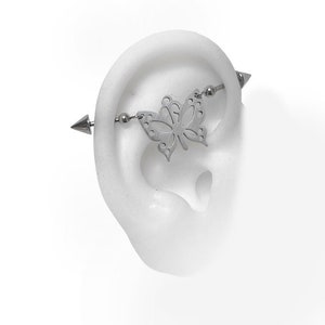 Industrial Barbell, Piercing industrial, Pendiente de barra industrial, Cadena de piercing industrial, cadenas, mariposa y extremos de conos (m1 jf)
