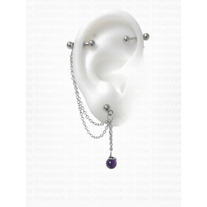 Industrial piercing jewelry with amethyst stone, cartilage to lobe chains  (m7)