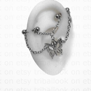 Industrial piercing, Industrial bars, Piercing,  stainless barbell, Industrial barbells with chains and butterfly   ( jf )