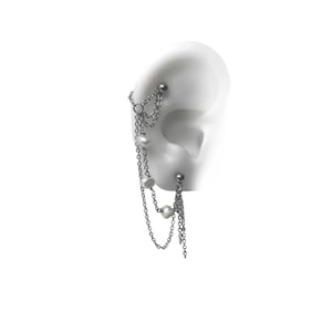 Helix piercing jewelry with chains and nuggets shape freshwater pearls, 316L stainless steel piercing bars (m14 + 77)