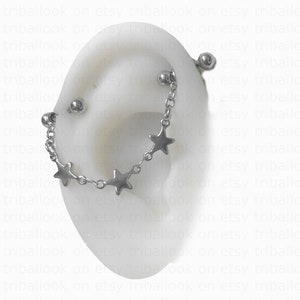 Piercing industriel, piercing bijoux, barbells industriel, barbells en inox avec chaînes et étoiles ( jf )