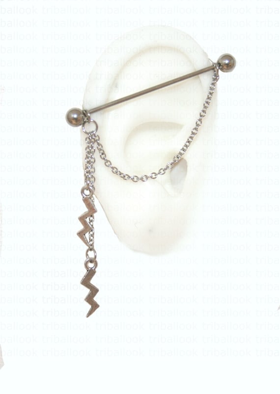 Fake Industrial Barbell Fake Industrial piercing Jewelry Fake Industrial bar Fake Industrial piercing with lightnings