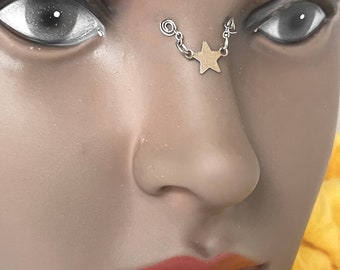 Fake bridge piercing, High nostril fake piercing jewelry, Bridge piercing jewel, with star