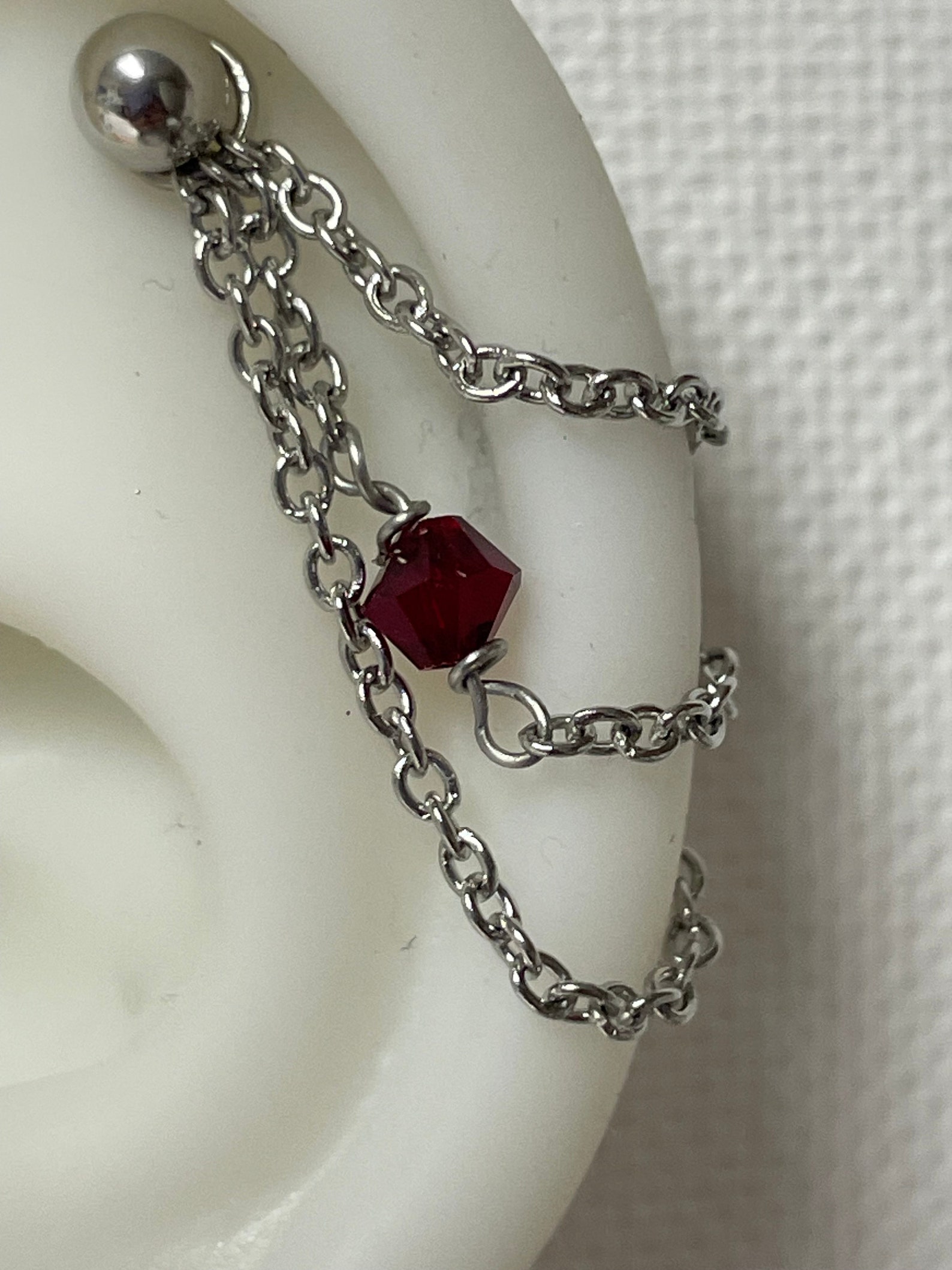 Helix or Conch Piercing : Stainless Steel Chain With Red Crystal (14/16 ...