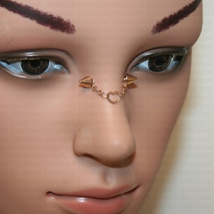 Nasallang, High nostril jewelry, Bridge piercing jewelry, eyebrow jewelry,   rose gold chains and heart  with cone end balls (coeur RG cones