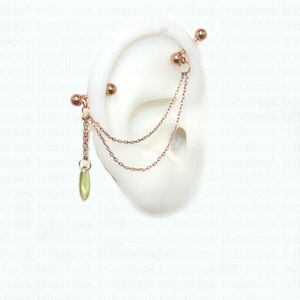 Rose gold bars Industrial Barbell, Industrial piercing,  Industrial bar earring,  with peridot glass drop   (m7 drop verte)
