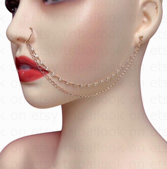 Nose to Ear Chain Nose Ring Chain Nose Ring 20 Gauge Titanium G23 and Stainless Steel 304L Double Chains ROSE GOLD jf Etsy