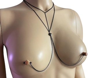 Nipple Piercing Jewelry with Black Heart Chain Necklace