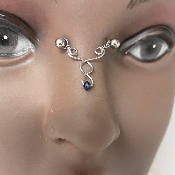 Piercing de pont, bijou de nez, acier inoxydable argenté avec perle bleu foncé