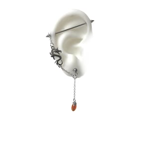 Industrial piercing jewelry with cartilage to lobe chain and dragon, orange-red stones 3mm spike ends