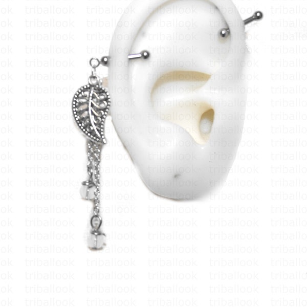 Industrial Barbell, Industrial piercing,  Jewelry, Industrial bar earring, Industrial piercing chain, Silver, leaf and opalite (w loop)