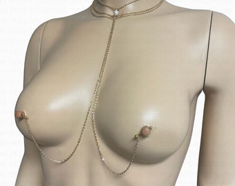 Jewelry for pierced nipples with chains and shell pearl (m13)