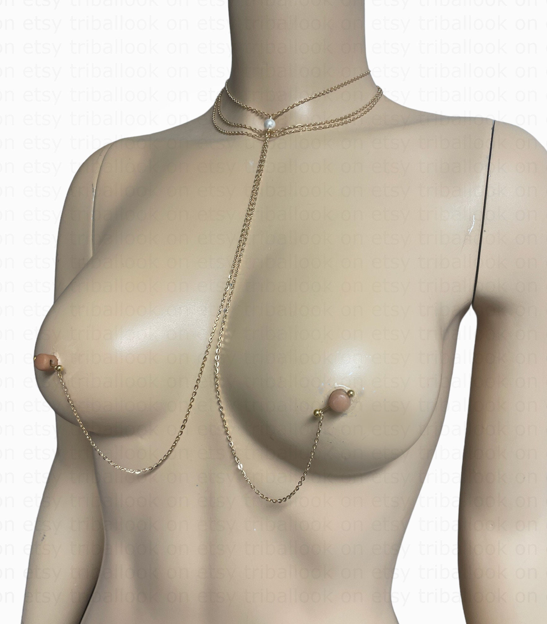 Jewelry for Pierced Nipples With Chains and Freshwater Pearl