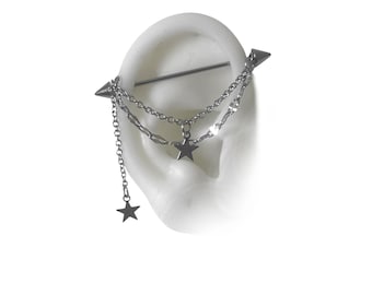 Industrial Barbell Piercing with Chains and Stars: 316L Stainless Steel Spike shape ends (m97)