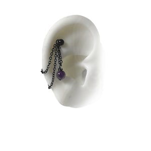 Barre industrielle, Piercing industriel, Barre en titane ou en acier inoxydable, avec chaînes et pierre d'améthyste (m7 helix amethyst)