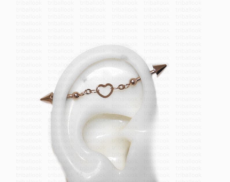 Industrial Piercing Jewelry Barres de cartilage en acier chirurgical 316L, avec boules en forme de cœur et de cône rose gold tone