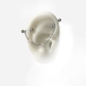 Industrial piercing jewelry with chains and pink quartz, stainless steel  piercing bars (14 seul 1ere)