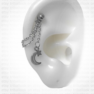 Helix or Conch Piercing, Helix Earring, Helix Piercing,stainless bar,  with moon crescent and star (m51 helix)