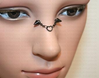 Nasallang, High nostril jewelry, Bridge piercing jewelry, eyebrow bar,   black chains and heart  with cone end (coeur black cone)